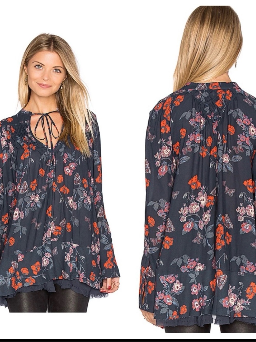 Free People Navy Floral Tie-Neck Boho Blouse with Orange & Pink Flowers